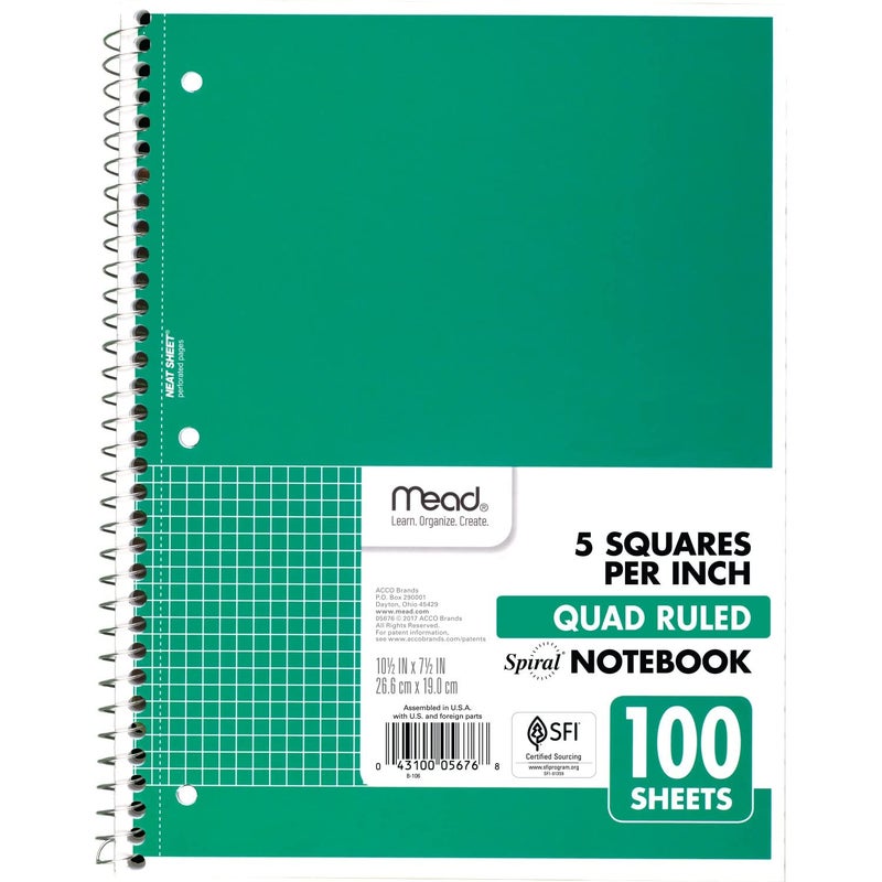 Mead Spiral Notebook, 1-Subject, Graph Ruled Paper, 7-1/2" x 10-1/2", 100 Sheets, Color Will Vary (05676)